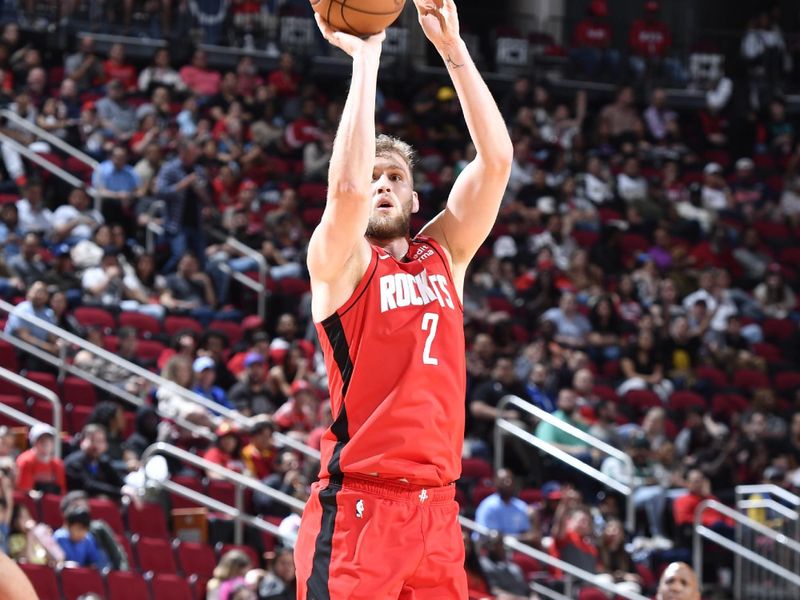 HOUSTON, TX - MARCH 25: Jock Landale #2 of the Houston Rockets shoots the ball during the game against the Portland Trail Blazers on March 25, 2024 at the Toyota Center in Houston, Texas. NOTE TO USER: User expressly acknowledges and agrees that, by downloading and or using this photograph, User is consenting to the terms and conditions of the Getty Images License Agreement. Mandatory Copyright Notice: Copyright 2024 NBAE (Photo by Logan Riely/NBAE via Getty Images)