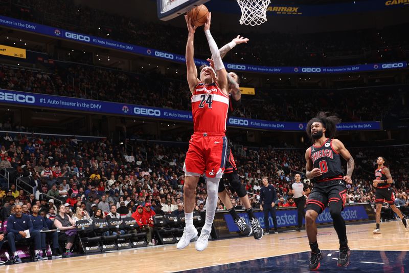 WASHINGTON, DC -? JANUARY 1: Corey Kispert #24 of the Washington Wizards drives to the basket during the game against the Chicago Bulls on January 1, 2025 at Capital One Arena in Washington, DC. NOTE TO USER: User expressly acknowledges and agrees that, by downloading and or using this Photograph, user is consenting to the terms and conditions of the Getty Images License Agreement. Mandatory Copyright Notice: Copyright 2025 NBAE (Photo by Kenny Giarla/NBAE via Getty Images)