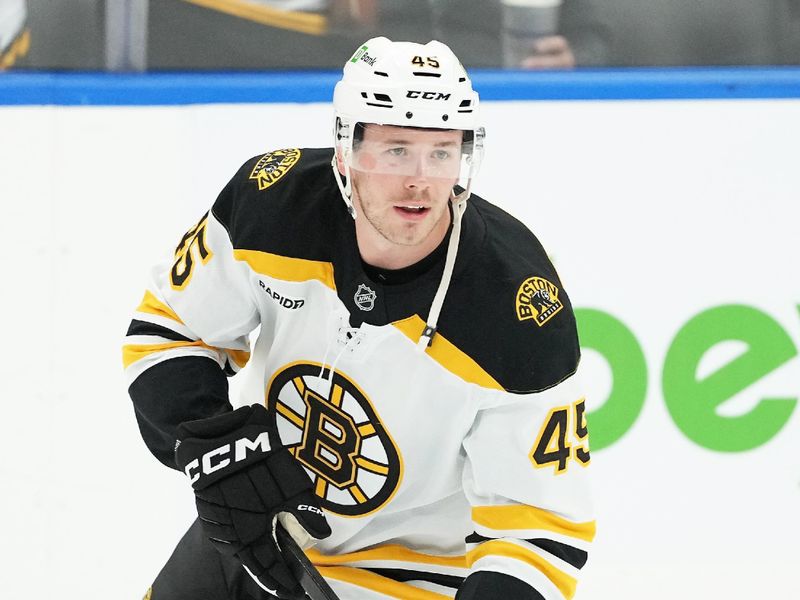 Nov 5, 2024; Toronto, Ontario, CAN;Boston Bruins left wing Cole Koepke (45) skates during the warmup before a game against the Toronto Maple Leafs at Scotiabank Arena. Mandatory Credit: Nick Turchiaro-Imagn Imagess