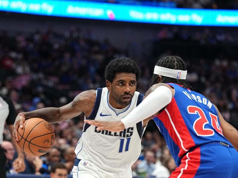 DALLAS, TX - OCTOBER 20: Kyrie Irving #11 of the Dallas Mavericks dribbles the ball during the game against the Detroit Pistons on October 20, 2023 at the American Airlines Center in Dallas, Texas. NOTE TO USER: User expressly acknowledges and agrees that, by downloading and or using this photograph, User is consenting to the terms and conditions of the Getty Images License Agreement. Mandatory Copyright Notice: Copyright 2023 NBAE (Photo by Glenn James/NBAE via Getty Images)