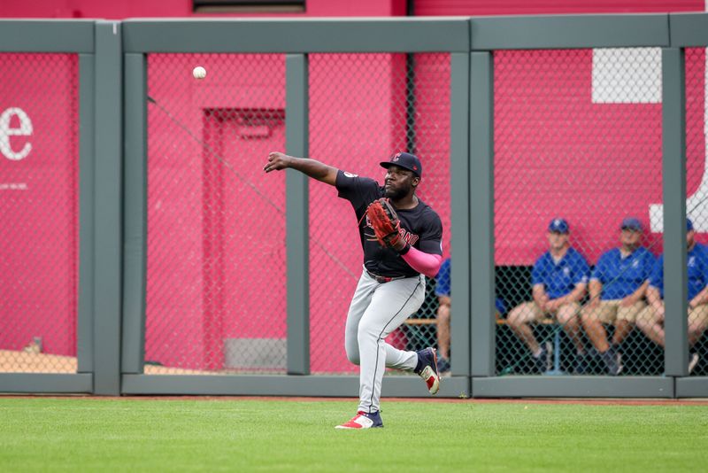 Jun 28, 2023; Kansas City, Missouri, USA; Cleveland Guardians outfield Jhonkensy Noel (43) throws infield during the fifth inning against the Kansas City Royals at Kauffman Stadium. Mandatory Credit: William Purnell-USA TODAY Sports