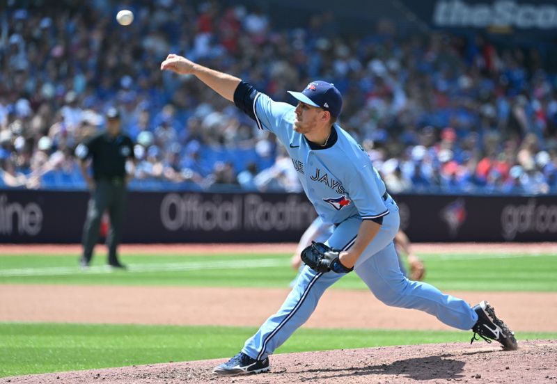 Jun 1, 2023; Toronto, Ontario, CAN;   Toronto Blue Jays relief pitcher Kirk Swanson (50) delivers a pitch against the Milwaukee Brewers in the seventh inning at Rogers Centre. Mandatory Credit: Dan Hamilton-USA TODAY Sports