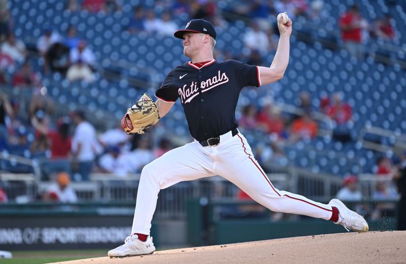 Jul 2, 2024; Washington, District of Columbia, USA; Washington Nationals starting pitcher DJ Herz (74) throws a pitch against the New York Mets during the first inning at Nationals Park. Mandatory Credit: Rafael Suanes-USA TODAY Sports