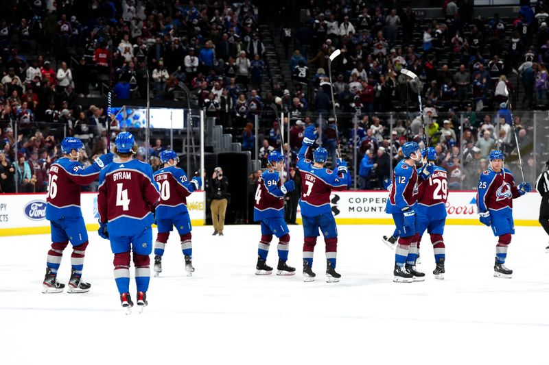 Nov 27, 2023; Denver, Colorado, USA; Members of the Colorado Avalanche celebrate the win over the Tampa Bay Lightning at Ball Arena. Mandatory Credit: Ron Chenoy-USA TODAY Sports