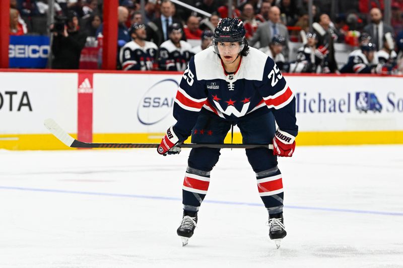 Dec 30, 2023; Washington, District of Columbia, USA; Washington Capitals defenseman Ethan Bear (25) on the ice during the third period against the Nashville Predators at Capital One Arena. Mandatory Credit: Brad Mills-USA TODAY Sports