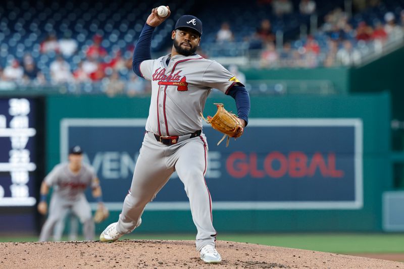 Sep 10, 2024; Washington, District of Columbia, USA; Atlanta Braves starting pitcher Reynaldo Lopez (40) pitches against the Washington Nationals during the first inning at Nationals Park. Mandatory Credit: Geoff Burke-Imagn Images