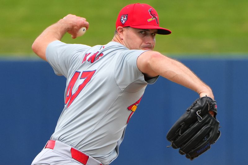 Mar 2, 2024; West Palm Beach, Florida, USA; St. Louis Cardinals relief pitcher John King (47) warms-up in the fifth inning against the Houston Astros at The Ballpark of the Palm Beaches. Mandatory Credit: Jim Rassol-USA TODAY Sports