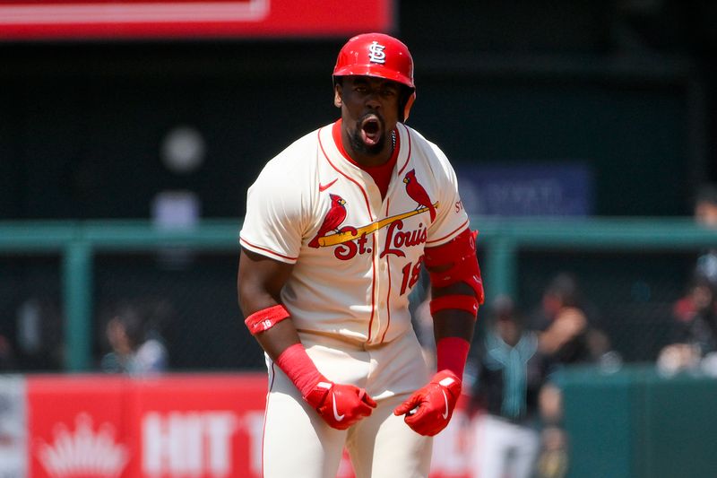 May 24, 2025; St. Louis, Missouri, USA;  St. Louis Cardinals right fielder Jordan Walker (18) reacts after hitting a two run double against the Arizona Diamondbacks during the seventh inning at Busch Stadium. Mandatory Credit: Jeff Curry-Imagn Images