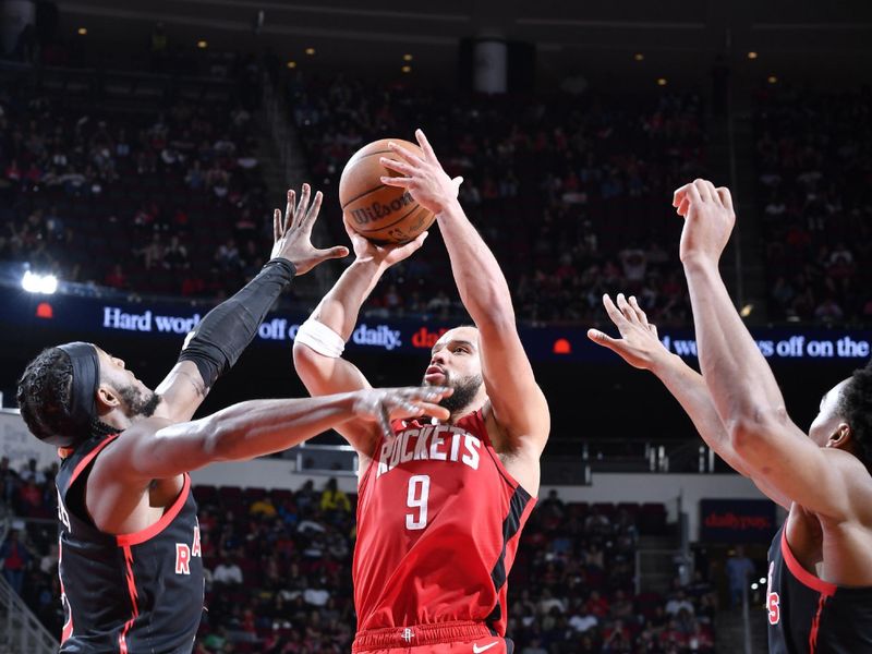 HOUSTON, TX - FEBRUARY 9: Dillon Brooks #9 of the Houston Rockets shoots the ball during the game against the Toronto Raptors on February 9, 2025 at the Toyota Center in Houston, Texas. NOTE TO USER: User expressly acknowledges and agrees that, by downloading and or using this photograph, User is consenting to the terms and conditions of the Getty Images License Agreement. Mandatory Copyright Notice: Copyright 2025 NBAE (Photo by Logan Riely/NBAE via Getty Images)