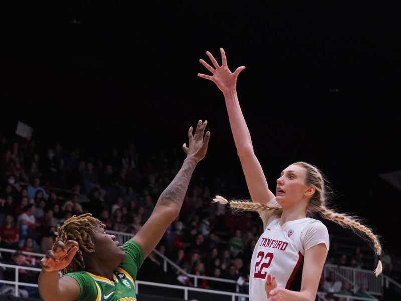 Jan 29, 2023; Stanford, California, USA; Stanford Cardinal forward Cameron Brink (22) scores against Oregon Ducks center Phillipina Kyei (15) during the fourth quarter at Maples Pavilion. Mandatory Credit: Kelley L Cox-USA TODAY Sports