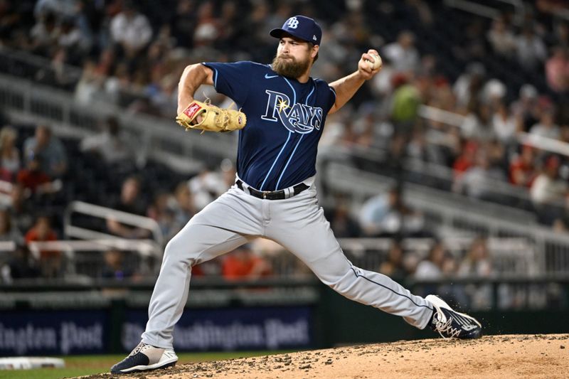 Apr 4, 2023; Washington, District of Columbia, USA; Tampa Bay Rays relief pitcher Jalen Beeks (68) throws to the Washington Nationals during the fifth inning at Nationals Park. Mandatory Credit: Brad Mills-USA TODAY Sports