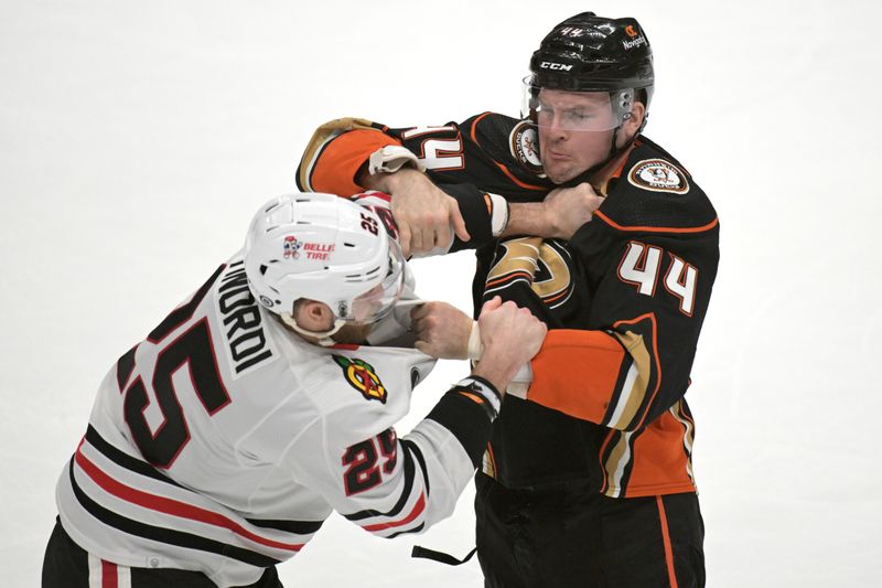 Mar 21, 2024; Anaheim, California, USA; Chicago Blackhawks defenseman Jarred Tinordi (25) and Anaheim Ducks left wing Ross Johnston (44) fight on the ice in the first period at Honda Center. Mandatory Credit: Jayne Kamin-Oncea-USA TODAY Sports