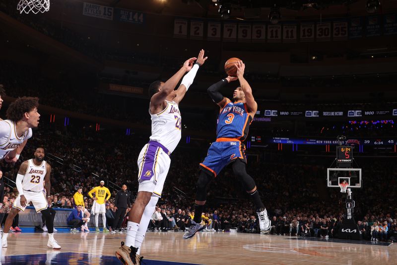 NEW YORK, NY - FEBRUARY 3: Josh Hart #3 of the New York Knicks shoots the ball during the game against the Los Angeles Lakers on February 3, 2024 at Madison Square Garden in New York City, New York.  NOTE TO USER: User expressly acknowledges and agrees that, by downloading and or using this photograph, User is consenting to the terms and conditions of the Getty Images License Agreement. Mandatory Copyright Notice: Copyright 2024 NBAE  (Photo by Nathaniel S. Butler/NBAE via Getty Images)