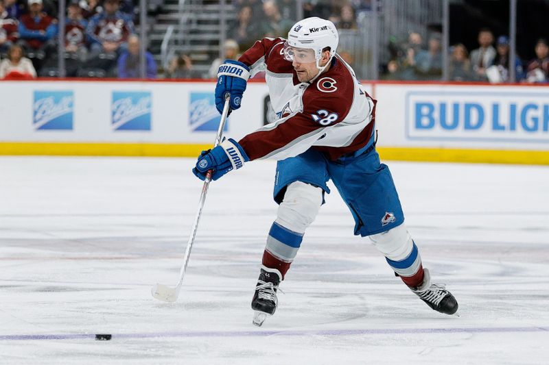 Feb 24, 2024; Denver, Colorado, USA; Colorado Avalanche left wing Miles Wood (28) passes the puck in the second period against the Toronto Maple Leafs at Ball Arena. Mandatory Credit: Isaiah J. Downing-USA TODAY Sports