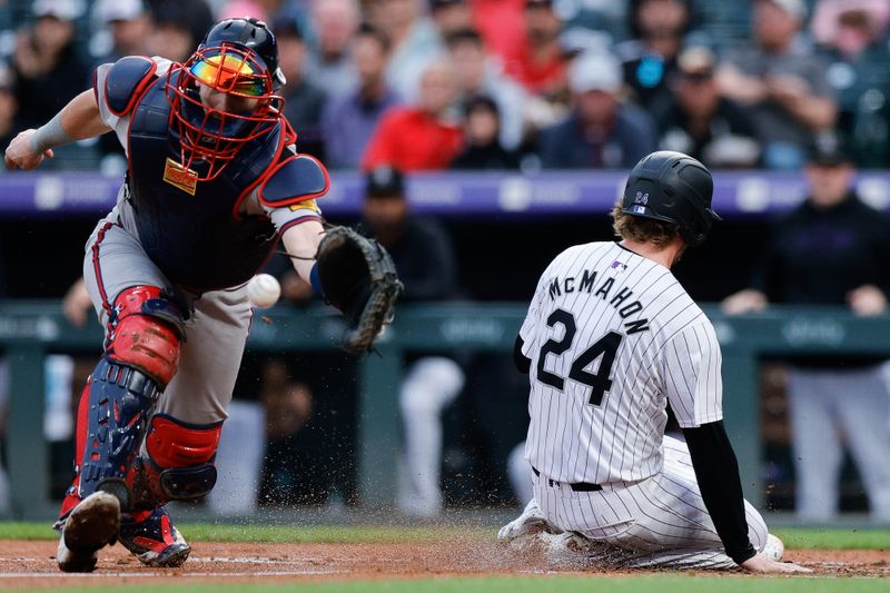 Aug 9, 2024; Denver, Colorado, USA; Colorado Rockies third baseman Ryan McMahon (24) slides home against Atlanta Braves catcher Sean Murphy (12) in the third inning at Coors Field. Mandatory Credit: Isaiah J. Downing-USA TODAY Sports