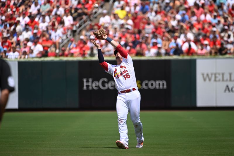 Jul 2, 2023; St. Louis, Missouri, USA; St. Louis Cardinals second baseman Nolan Gorman (16) catches a fly ball by New York Yankees third baseman DJ LeMahieu (26) (not pictured) in the third inning at Busch Stadium. Mandatory Credit: Joe Puetz-USA TODAY Sports