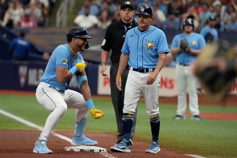 Apr 2, 2023; St. Petersburg, Florida, USA;  Tampa Bay Rays center fielder Jose Siri (22) celebrates after hitting a single and driving in two runs against the Detroit Tigers during the sixth inning at Tropicana Field. Mandatory Credit: Dave Nelson-USA TODAY Sports