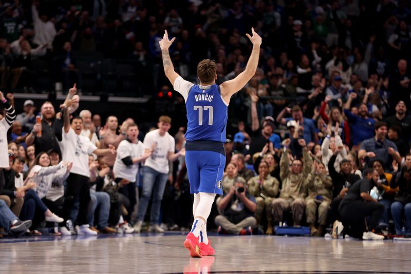 DALLAS, TEXAS - JANUARY 29: Luka Doncic #77 of the Dallas Mavericks reacts after a made three point basket against the Orlando Magic in the second half at American Airlines Center on January 29, 2024 in Dallas, Texas. NOTE TO USER: User expressly acknowledges and agrees that, by downloading and or using this photograph, User is consenting to the terms and conditions of the Getty Images License Agreement. (Photo by Tim Heitman/Getty Images)