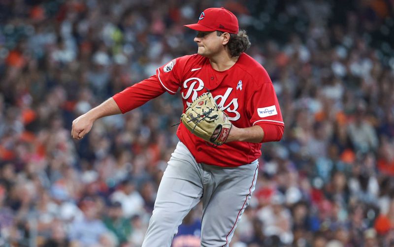 Jun 18, 2023; Houston, Texas, USA; Cincinnati Reds relief pitcher Ian Gibaut (79) delivers a pitch during the ninth inning against the Houston Astros at Minute Maid Park. Mandatory Credit: Troy Taormina-USA TODAY Sports