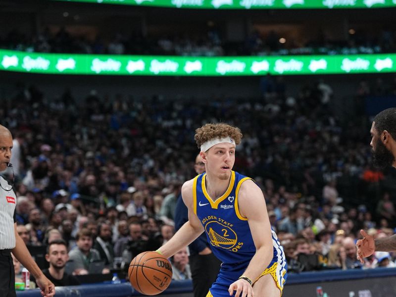 DALLAS, TX - MARCH 13: Brandin Podziemski #2 of the Golden State Warriors handles the ball during the game against the Dallas Mavericks on March 13, 2024 at the American Airlines Center in Dallas, Texas. NOTE TO USER: User expressly acknowledges and agrees that, by downloading and or using this photograph, User is consenting to the terms and conditions of the Getty Images License Agreement. Mandatory Copyright Notice: Copyright 2024 NBAE (Photo by Glenn James/NBAE via Getty Images)