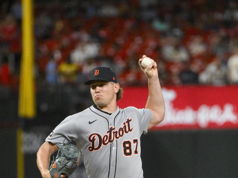 May 20, 2025; St. Louis, Missouri, USA;  Detroit Tigers relief pitcher Tyler Holton (87) pitches against the St. Louis Cardinals during the seventh inning at Busch Stadium. Mandatory Credit: Jeff Curry-Imagn Images