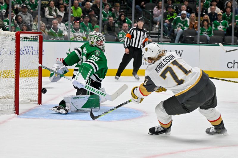 Dec 9, 2023; Dallas, Texas, USA; Dallas Stars goaltender Jake Oettinger (29) stops a breakaway shot by Vegas Golden Knights center William Karlsson (71) during the first period at the American Airlines Center. Mandatory Credit: Jerome Miron-USA TODAY Sports