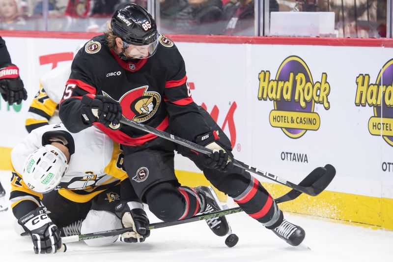 Dec 14, 2024; Ottawa, Ontario, CAN; Ottawa Senators defenseman Jake Sanderson (85) is taken down by Pittsburgh Penguins center Sidney Crosby (87) as they chase the puck in the second period at the Canadian Tire Centre. Mandatory Credit: Marc DesRosiers-Imagn Images