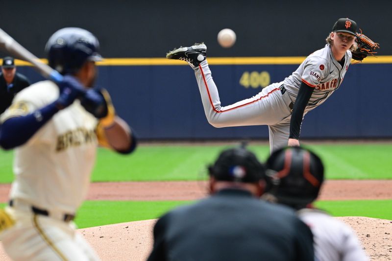 Aug 29, 2024; Milwaukee, Wisconsin, USA;  San Francisco Giants starting pitcher Hayden Birdsong (60) pitches to Milwaukee Brewers left fielder Jackson Chourio (11) in the first inning at American Family Field. Mandatory Credit: Benny Sieu-USA TODAY Sports