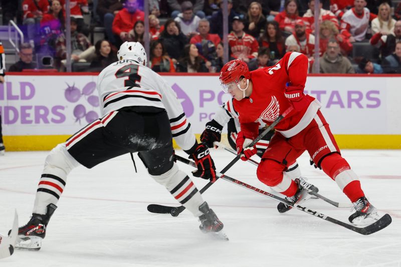 Nov 30, 2023; Detroit, Michigan, USA; Detroit Red Wings left wing Lucas Raymond (23) skates with the puck defended by Chicago Blackhawks defenseman Seth Jones (4) in the second period at Little Caesars Arena. Mandatory Credit: Rick Osentoski-USA TODAY Sports