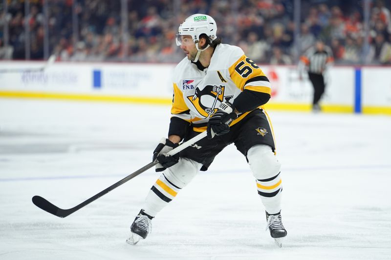 Oct 28, 2025; Philadelphia, Pennsylvania, USA; Pittsburgh Penguins defenseman Kris Letang (58) in action against the Philadelphia Flyers in the first period at Xfinity Mobile Arena. Mandatory Credit: Kyle Ross-Imagn Images