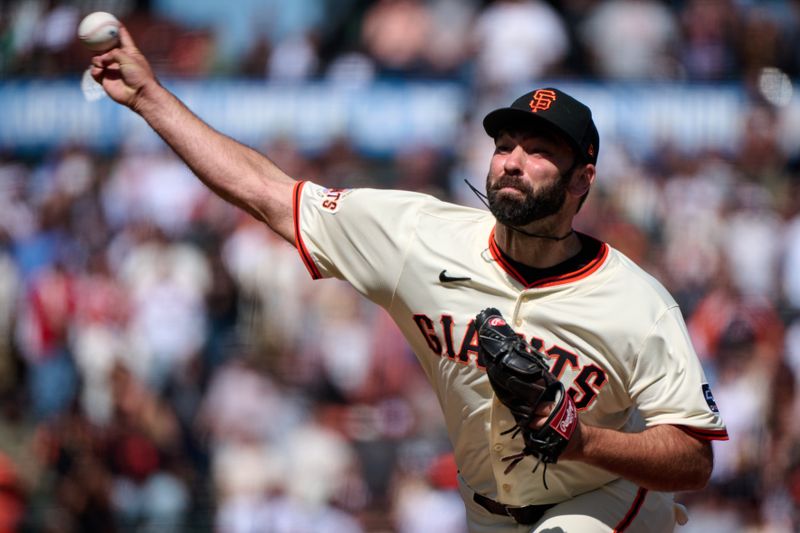 May 4, 2025; San Francisco, California, USA; San Francisco Giants pitcher Lou Trivino (56) throws a pitch against the Colorado Rockies during the ninth inning at Oracle Park. Mandatory Credit: Robert Edwards-Imagn Images