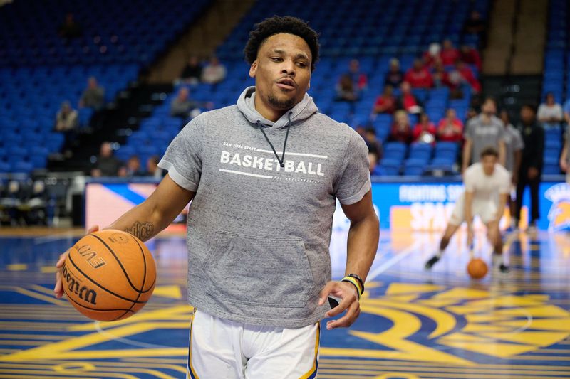 Feb 6, 2024; San Jose, California, USA; San Jose State Spartans guard Myron Amey Jr. (0) warms up before the game between the San Jose State Spartans and the Fresno State Bulldogs at Provident Credit Union Event Center. Mandatory Credit: Robert Edwards-USA TODAY Sports