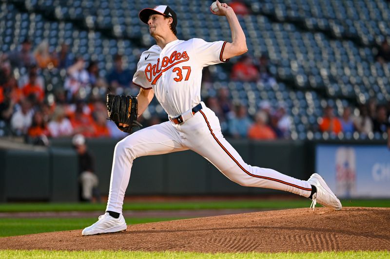 Sep 3, 2024; Baltimore, Maryland, USA;  Baltimore Orioles pitcher Cade Povich (37) throws a first inning pitch against the Chicago White Sox at Oriole Park at Camden Yards. Mandatory Credit: Tommy Gilligan-Imagn Images
