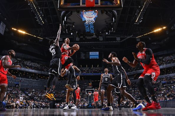 BROOKLYN, NY - NOVEMBER 26: DeMar DeRozan #11 of the Chicago Bulls drives to the basket during the game against the Brooklyn Nets on November 26, 2023 at Barclays Center in Brooklyn, New York. NOTE TO USER: User expressly acknowledges and agrees that, by downloading and or using this Photograph, user is consenting to the terms and conditions of the Getty Images License Agreement. Mandatory Copyright Notice: Copyright 2023 NBAE (Photo by Jesse D. Garrabrant/NBAE via Getty Images)