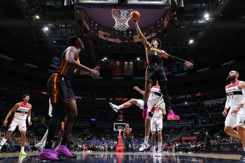 WASHINGTON, DC -? OCTOBER 30: Jalen Johnson #1 of the Atlanta Hawks dunks the ball during the game against the Washington Wizards on October 30, 2024 at Capital One Arena in Washington, DC. NOTE TO USER: User expressly acknowledges and agrees that, by downloading and or using this Photograph, user is consenting to the terms and conditions of the Getty Images License Agreement. Mandatory Copyright Notice: Copyright 2024 NBAE (Photo by Stephen Gosling/NBAE via Getty Images)