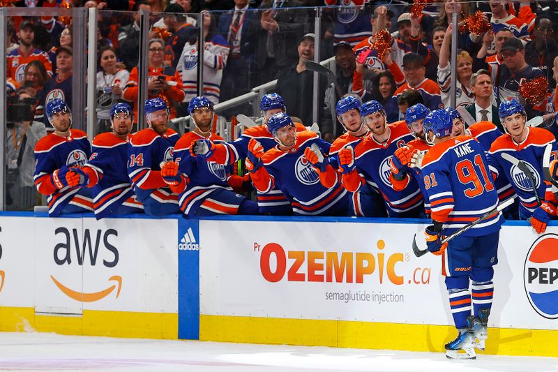 May 1, 2024; Edmonton, Alberta, CAN; The Edmonton Oilers celebrate a goal scored by forward Evander Kane (91) during the first period against the Los Angeles Kings in game five of the first round of the 2024 Stanley Cup Playoffs at Rogers Place. Mandatory Credit: Perry Nelson-USA TODAY Sports