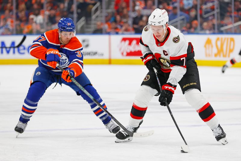 Jan 6, 2024; Edmonton, Alberta, CAN; Ottawa Senators forward Brady Tkachuk (7) controls the puck against Edmonton Oilers forward Warren Foegele (37) during the second period at Rogers Place. Mandatory Credit: Perry Nelson-USA TODAY Sports