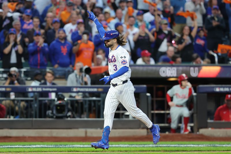 Oct 8, 2024; New York City, New York, USA; New York Mets outfielder Jesse Winker (3) celebrates after hitting a solo home run in the fourth inning against the Philadelphia Phillies during game three of the NLDS for the 2024 MLB Playoffs at Citi Field. Mandatory Credit: Brad Penner-Imagn Images