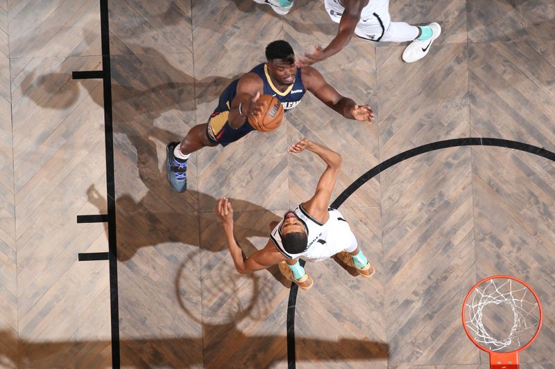 BROOKLYN, NY - MARCH 19: Zion Williamson #1 of the New Orleans Pelicans drives to the basket during the game against the Brooklyn Nets on March 19, 2024 at Barclays Center in Brooklyn, New York. NOTE TO USER: User expressly acknowledges and agrees that, by downloading and or using this Photograph, user is consenting to the terms and conditions of the Getty Images License Agreement. Mandatory Copyright Notice: Copyright 2024 NBAE (Photo by Nathaniel S. Butler/NBAE via Getty Images)