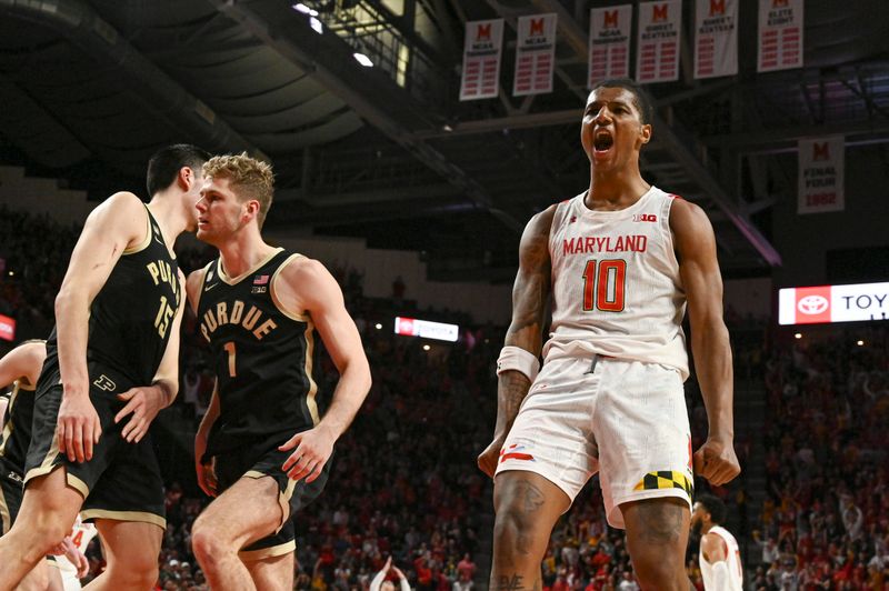 Feb 16, 2023; College Park, Maryland, USA; Maryland Terrapins forward Julian Reese (10) reacts after making a basket during the second half Purdue Boilermakers at Xfinity Center. Maryland Terrapins defeated Purdue Boilermakers 68-54. Mandatory Credit: Tommy Gilligan-USA TODAY Sports