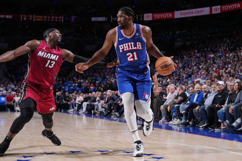 PHILADELPHIA, PA - APRIL 17: Joel Embiid #21 of the Philadelphia 76ers dribbles the ball during the game against the Miami Heat during the 2024 NBA Play-In Tournament on April 17, 2024 at the Wells Fargo Center in Philadelphia, Pennsylvania NOTE TO USER: User expressly acknowledges and agrees that, by downloading and/or using this Photograph, user is consenting to the terms and conditions of the Getty Images License Agreement. Mandatory Copyright Notice: Copyright 2024 NBAE (Photo by Jesse D. Garrabrant/NBAE via Getty Images)