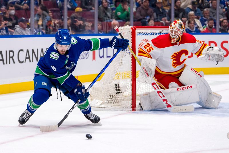 Apr 16, 2024; Vancouver, British Columbia, CAN; Calgary Flames goalie Jacob Markstrom (25) watches Vancouver Canucks forward Conor Garland (8) handle the puck in the third period at Rogers Arena. Canucks won 4 -1. Mandatory Credit: Bob Frid-USA TODAY Sports