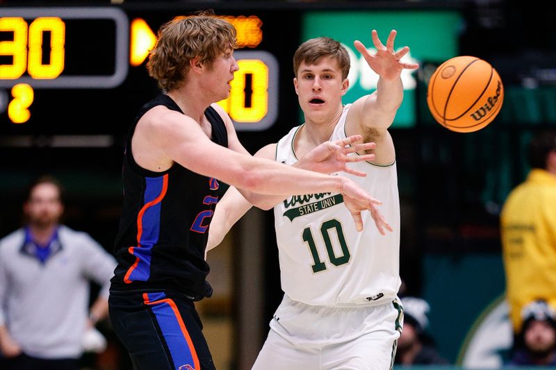 Feb 15, 2023; Fort Collins, Colorado, USA; Boise State Broncos center Lukas Milner (25) passes the ball as Boise State Broncos guard Marcus Shaver Jr. (10) guards in the second half at Moby Arena. Mandatory Credit: Isaiah J. Downing-USA TODAY Sports