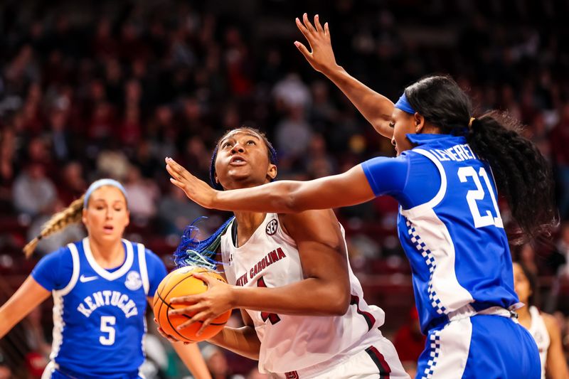 Feb 2, 2023; Columbia, South Carolina, USA; South Carolina Gamecocks forward Aliyah Boston (4) looks to shoot over Kentucky Wildcats forward Nyah Leveretter (21) in the first half at Colonial Life Arena. Mandatory Credit: Jeff Blake-USA TODAY Sports