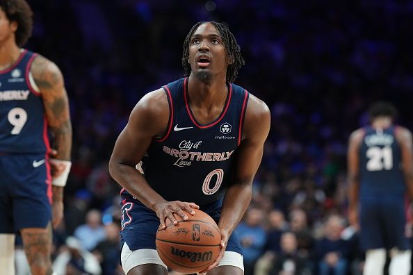 PHILADELPHIA, PA - DECEMBER 20: Tyrese Maxey #0 of the Philadelphia 76ers shoots a free throw during the game against the Minnesota Timberwolves on December 20, 2023 at the Wells Fargo Center in Philadelphia, Pennsylvania NOTE TO USER: User expressly acknowledges and agrees that, by downloading and/or using this Photograph, user is consenting to the terms and conditions of the Getty Images License Agreement. Mandatory Copyright Notice: Copyright 2023 NBAE (Photo by Jesse D. Garrabrant/NBAE via Getty Images)