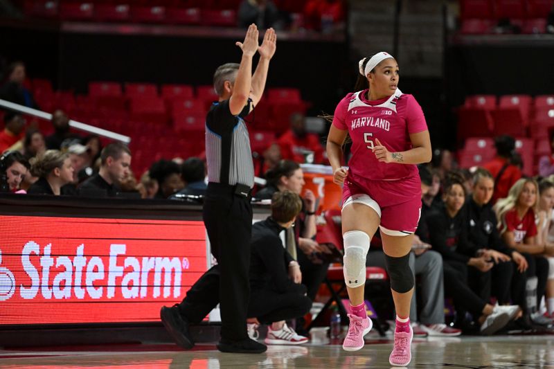 Jan 31, 2024; College Park, Maryland, USA;  Maryland Terrapins guard Brinae Alexander (5) runs down the court after making a three point basket against the Indiana Hoosiers at Xfinity Center. Mandatory Credit: Tommy Gilligan-USA TODAY Sports