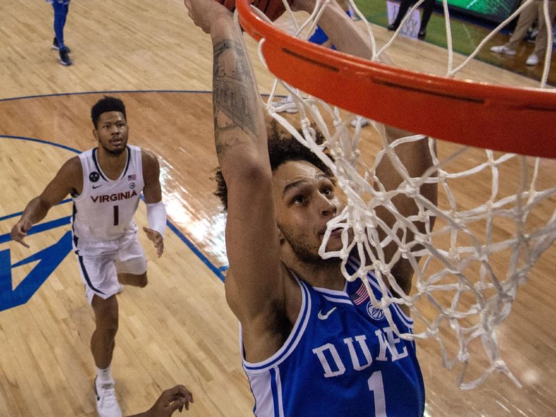 Mar 11, 2023; Greensboro, NC, USA;  Duke Blue Devils center Dereck Lively II (1) scores in the second half of the Championship of the ACC Tournament at Greensboro Coliseum. Mandatory Credit: Bob Donnan-USA TODAY Sports