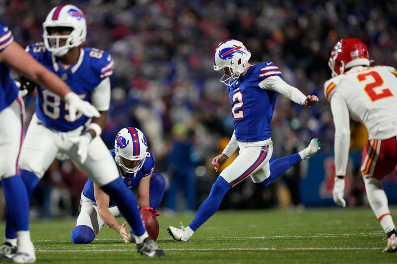 Buffalo Bills kicker Tyler Bass (2) makes a 33-yard field goal during the first half of an NFL football game against the Kansas City Chiefs Sunday, Nov. 17, 2024, in Orchard Park, N.Y. (AP Photo/Julia Demaree Nikhinson)