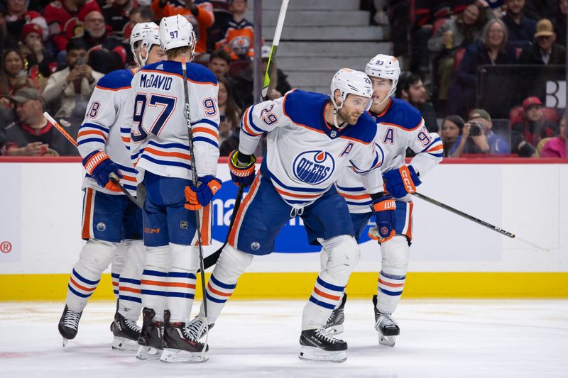 Mar 24, 2024; Ottawa, Ontario, CAN; Edmonton Oilers center Leon Draisaitl (29) skates to the bench after scoring in the second period against the Ottawa Senators at the Canadian Tire Centre. Mandatory Credit: Marc DesRosiers-USA TODAY Sports