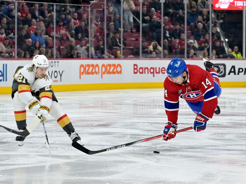 Nov 16, 2023; Montreal, Quebec, CAN; Montreal Canadiens forward Nick Suzuki (14) is tripped and Vegas Golden Knights forward Brett Howden (21) defends during the second period at the Bell Centre. Mandatory Credit: Eric Bolte-USA TODAY Sports